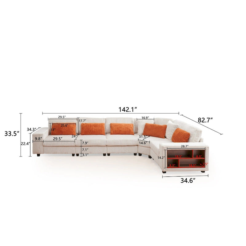 142 L-Shaped 5-Seater Modular Sectional Sofa with Pillow, Wooden Armrests, and Versatile Storage Shelves