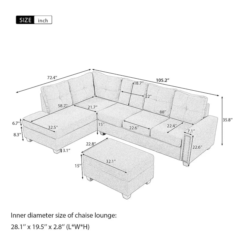 105.2 Reversible L-Shaped 6-Seater Sectional Sofa with Storage Ottoman and Cup Holders, Space-Saving Linen Design