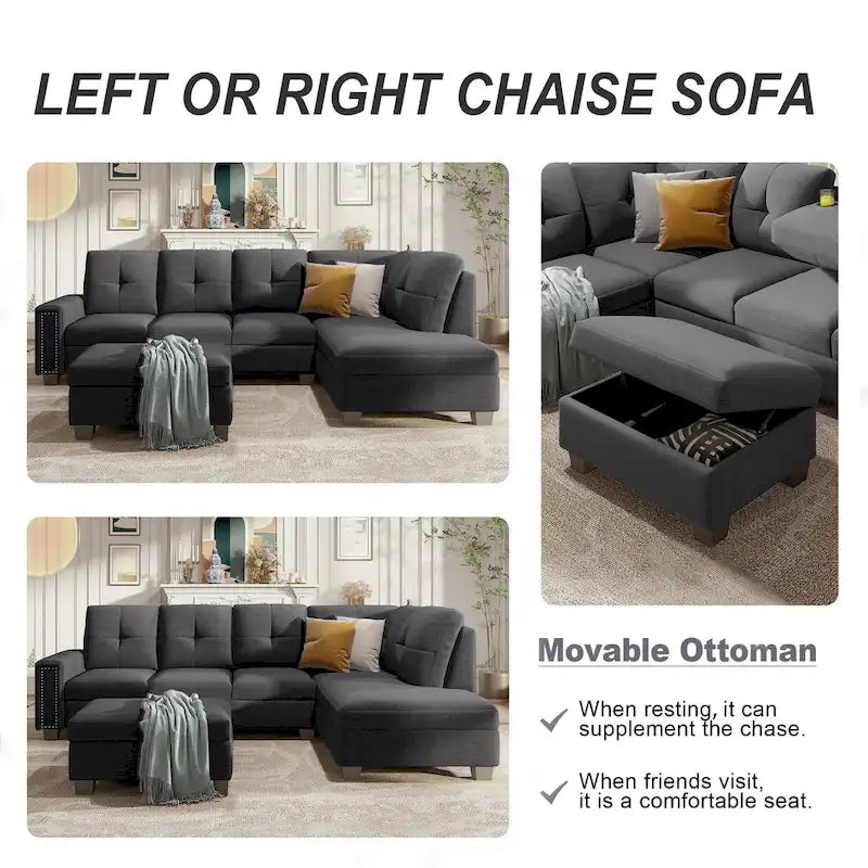 105.2 Reversible L-Shaped 6-Seater Sectional Sofa with Storage Ottoman and Cup Holders, Space-Saving Linen Design