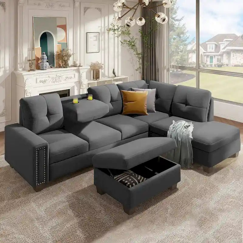 105.2 Reversible L-Shaped 6-Seater Sectional Sofa with Storage Ottoman and Cup Holders, Space-Saving Linen Design