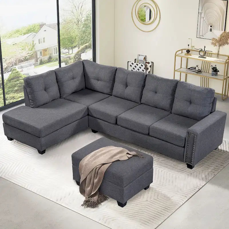 105.2 Reversible L-Shaped 6-Seater Sectional Sofa with Storage Ottoman and Cup Holders, Space-Saving Linen Design
