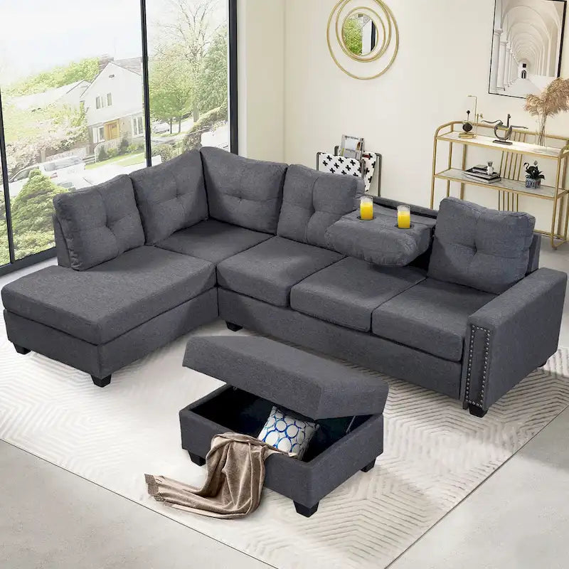 105.2 Reversible L-Shaped 6-Seater Sectional Sofa with Storage Ottoman and Cup Holders, Space-Saving Linen Design