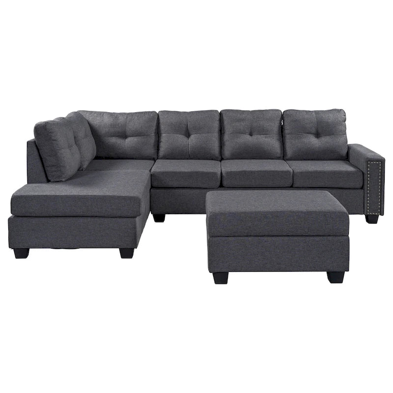 105.2 Reversible L-Shaped 6-Seater Sectional Sofa with Storage Ottoman and Cup Holders, Space-Saving Linen Design