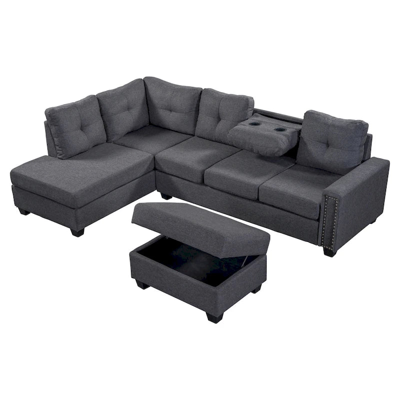 105.2 Reversible L-Shaped 6-Seater Sectional Sofa with Storage Ottoman and Cup Holders, Space-Saving Linen Design