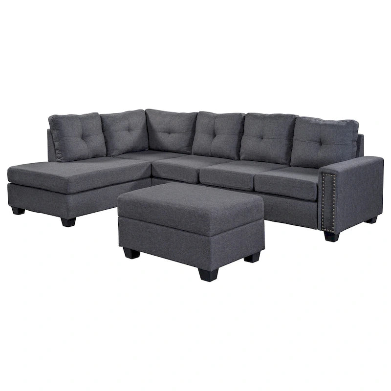 105.2 Reversible L-Shaped 6-Seater Sectional Sofa with Storage Ottoman and Cup Holders, Space-Saving Linen Design