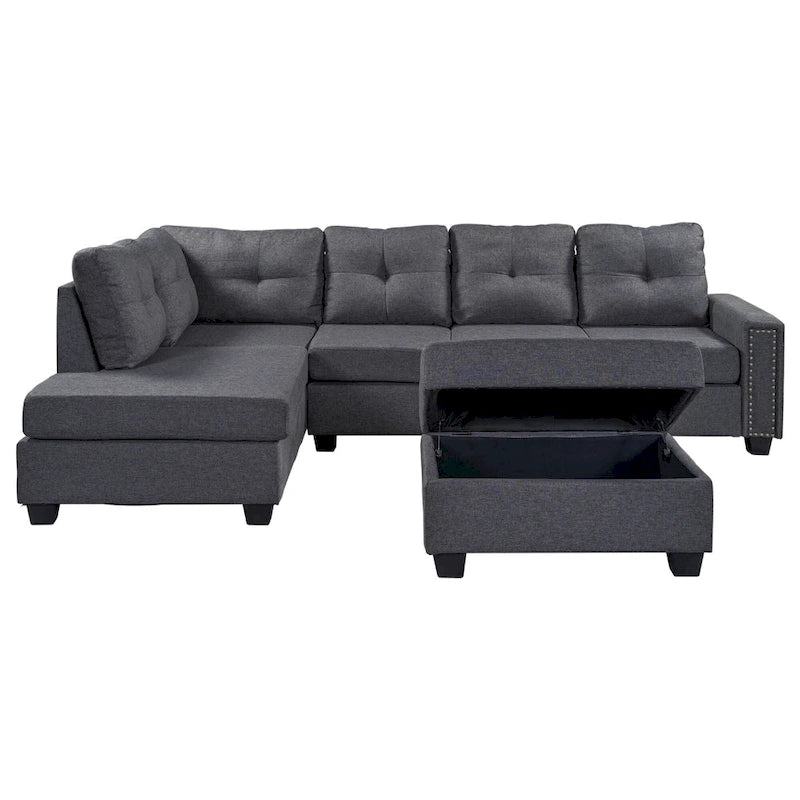 105.2 Reversible L-Shaped 6-Seater Sectional Sofa with Storage Ottoman and Cup Holders, Space-Saving Linen Design