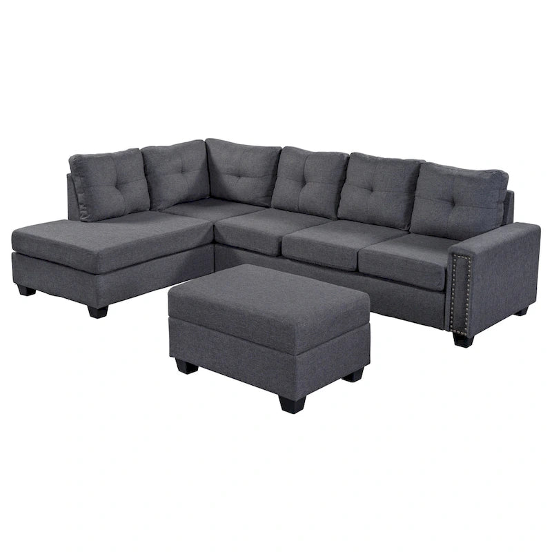 105.2 Reversible L-Shaped 6-Seater Sectional Sofa with Storage Ottoman and Cup Holders, Space-Saving Linen Design