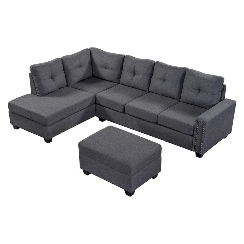 105.2 Reversible L-Shaped 6-Seater Sectional Sofa with Storage Ottoman and Cup Holders, Space-Saving Linen Design
