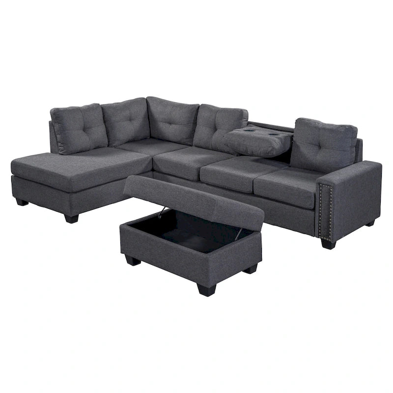105.2 Reversible L-Shaped 6-Seater Sectional Sofa with Storage Ottoman and Cup Holders, Space-Saving Linen Design
