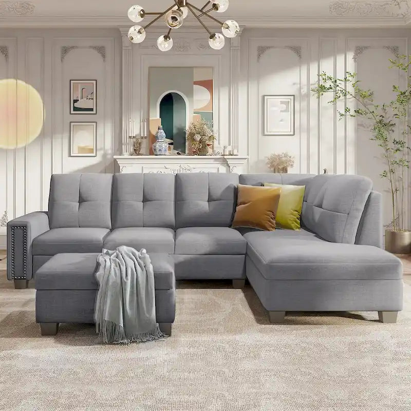 105.2 Reversible L-Shaped 6-Seater Sectional Sofa with Storage Ottoman and Cup Holders, Space-Saving Linen Design