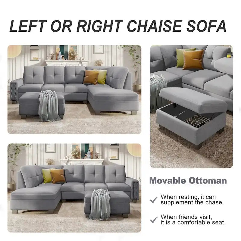 105.2 Reversible L-Shaped 6-Seater Sectional Sofa with Storage Ottoman and Cup Holders, Space-Saving Linen Design