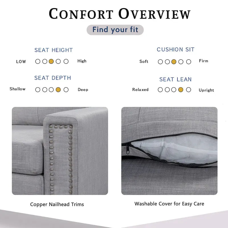 105.2 Reversible L-Shaped 6-Seater Sectional Sofa with Storage Ottoman and Cup Holders, Space-Saving Linen Design