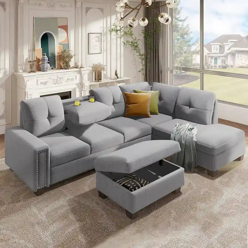 105.2 Reversible L-Shaped 6-Seater Sectional Sofa with Storage Ottoman and Cup Holders, Space-Saving Linen Design