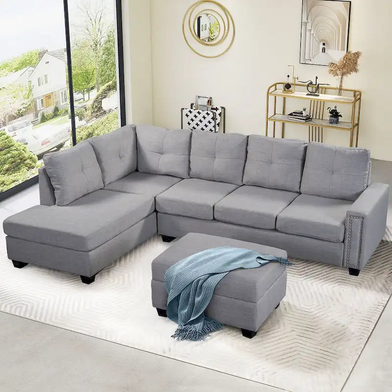 105.2 Reversible L-Shaped 6-Seater Sectional Sofa with Storage Ottoman and Cup Holders, Space-Saving Linen Design