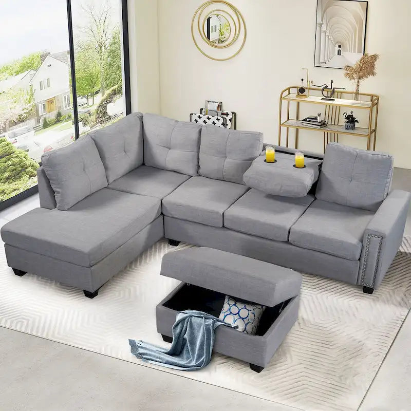 105.2 Reversible L-Shaped 6-Seater Sectional Sofa with Storage Ottoman and Cup Holders, Space-Saving Linen Design
