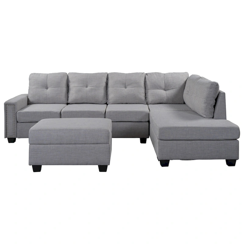 105.2 Reversible L-Shaped 6-Seater Sectional Sofa with Storage Ottoman and Cup Holders, Space-Saving Linen Design