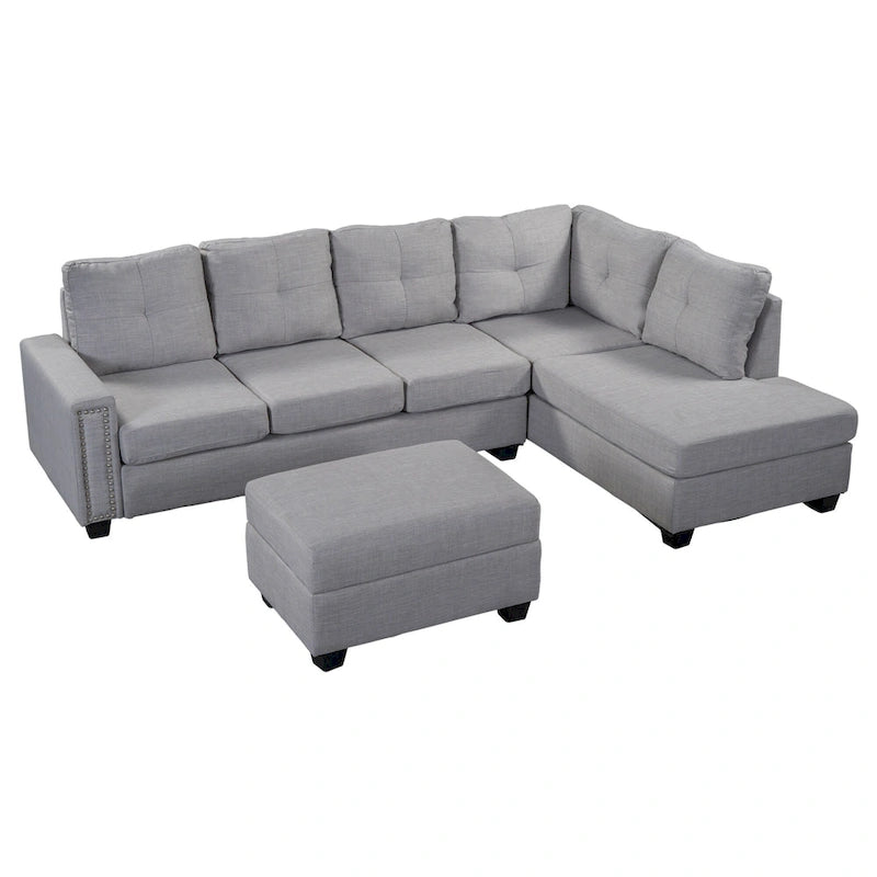 105.2 Reversible L-Shaped 6-Seater Sectional Sofa with Storage Ottoman and Cup Holders, Space-Saving Linen Design