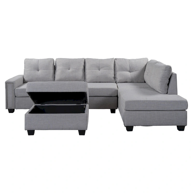 105.2 Reversible L-Shaped 6-Seater Sectional Sofa with Storage Ottoman and Cup Holders, Space-Saving Linen Design
