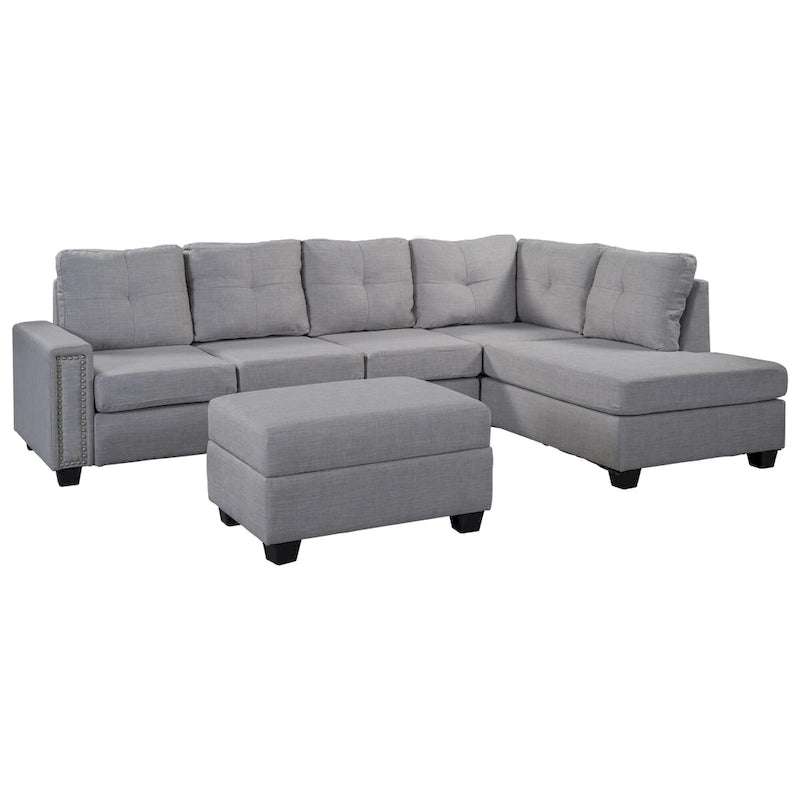 105.2 Reversible L-Shaped 6-Seater Sectional Sofa with Storage Ottoman and Cup Holders, Space-Saving Linen Design