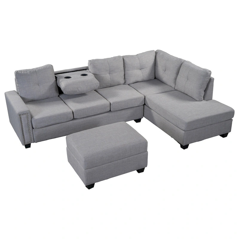 105.2 Reversible L-Shaped 6-Seater Sectional Sofa with Storage Ottoman and Cup Holders, Space-Saving Linen Design