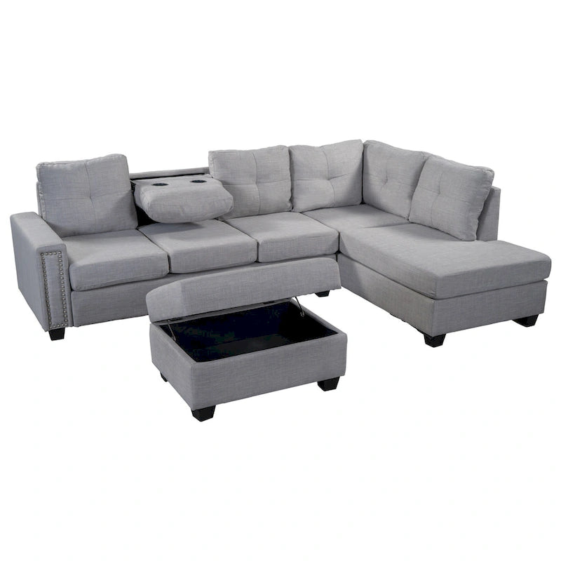 105.2 Reversible L-Shaped 6-Seater Sectional Sofa with Storage Ottoman and Cup Holders, Space-Saving Linen Design
