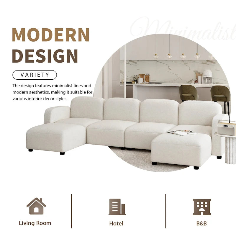116 Modular U-Shaped Velvet 6-Seat Sectional Sofa with Two Ottomans, Reversible Design for Customizable Living Space