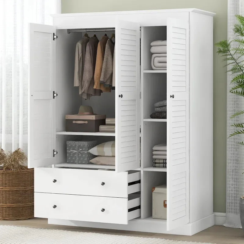 47.2 Modern Armoire with 3 Shutter Doors, 2 Drawers and 4 Storage Shelves
