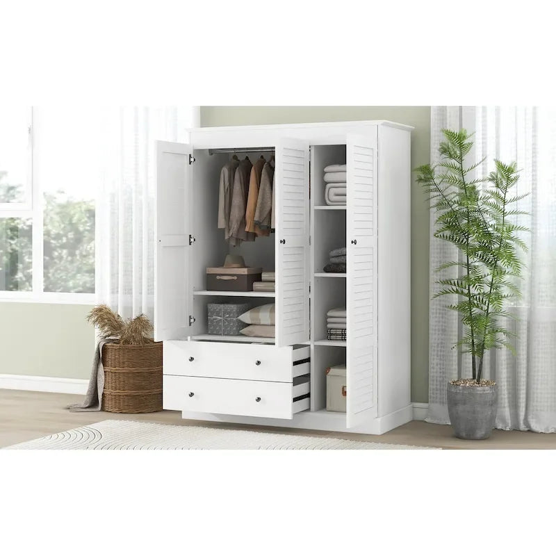 47.2 Modern Armoire with 3 Shutter Doors, 2 Drawers and 4 Storage Shelves