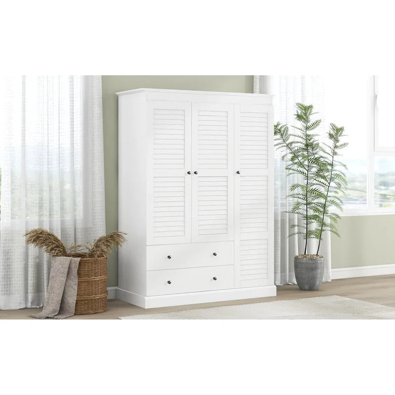 47.2 Modern Armoire with 3 Shutter Doors, 2 Drawers and 4 Storage Shelves
