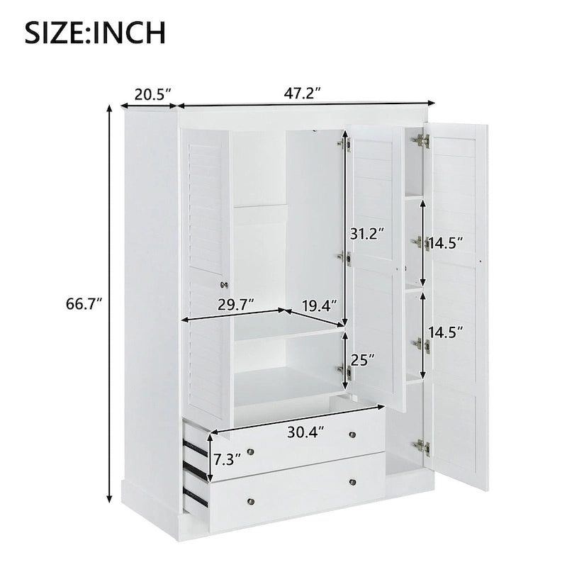 47.2 Modern Armoire with 3 Shutter Doors, 2 Drawers and 4 Storage Shelves