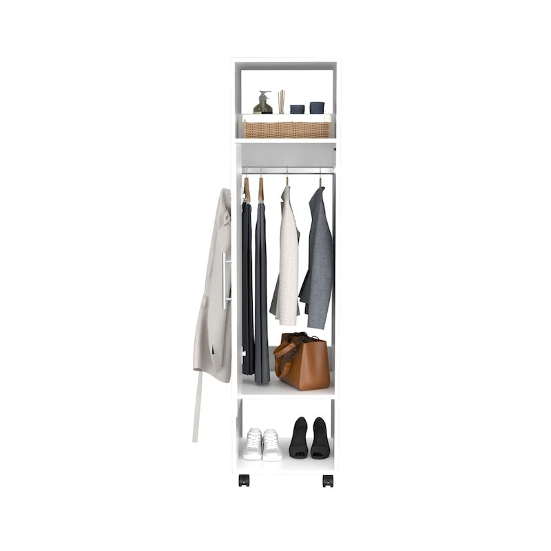 15.7 Modern Mirrored Armoire with Three Shelves, Casters and Hanging Rod