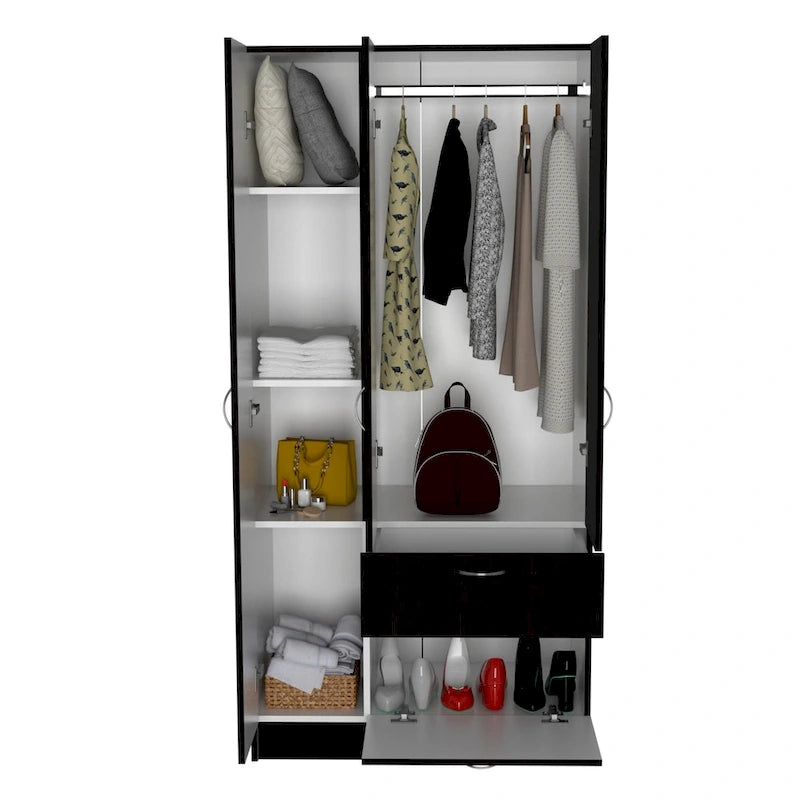 18.5 Modern Double-door Armoire with Metal Rod, One Drawer and Five Shelves