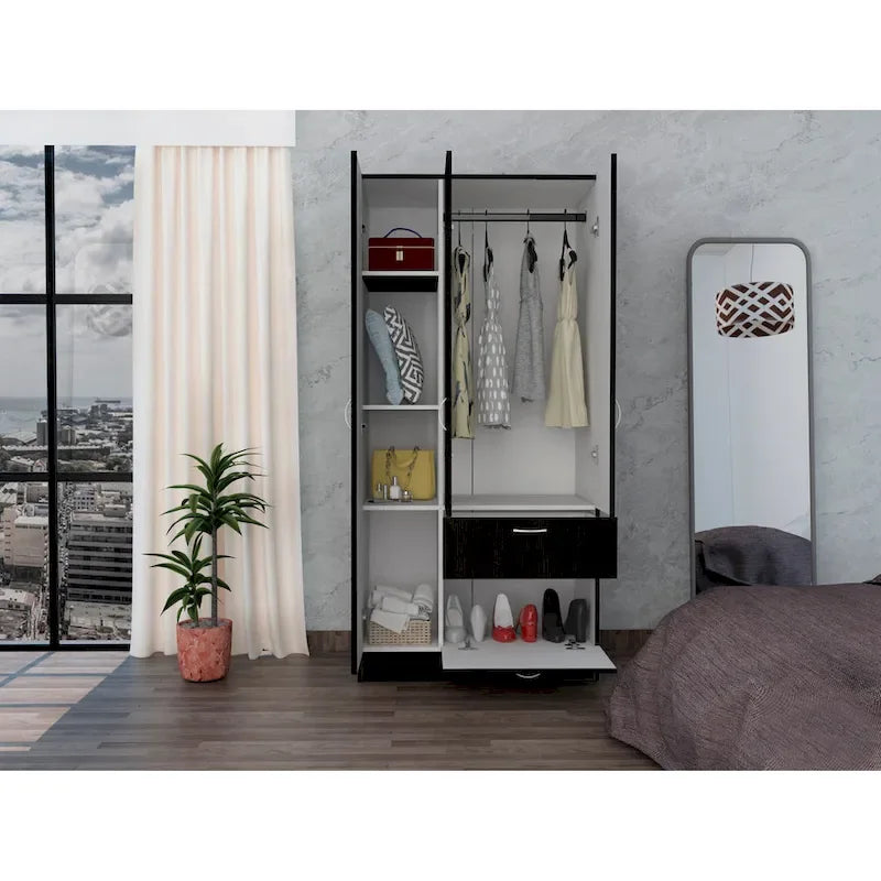 18.5 Modern Double-door Armoire with Metal Rod, One Drawer and Five Shelves