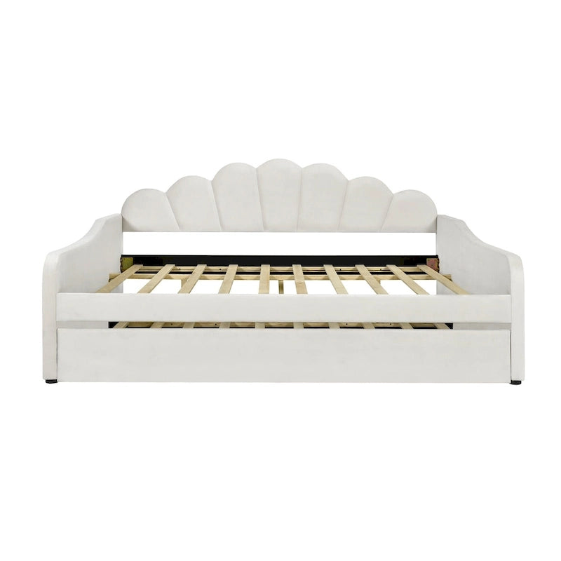 White Full Upholstery Daybed with Shell Shaped Backrest and Trundle