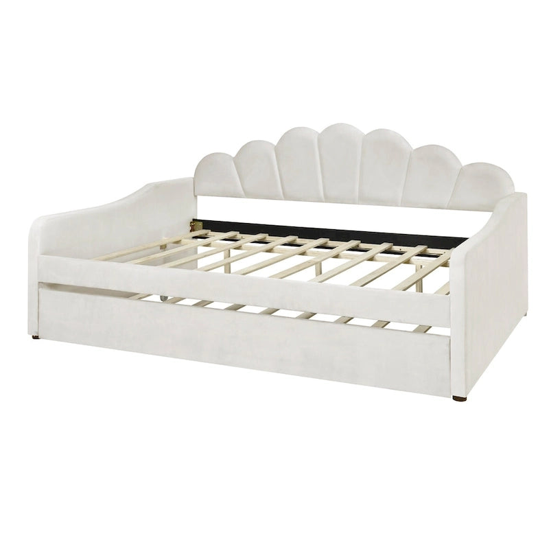 White Full Upholstery Daybed with Shell Shaped Backrest and Trundle