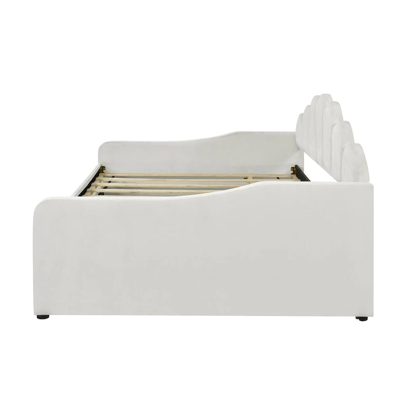 White Full Upholstery Daybed with Shell Shaped Backrest and Trundle