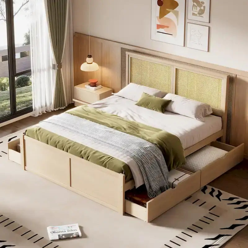 Antique Natural Queen Size Wood Storage Bed with 4 Drawers and Rattan Headboard