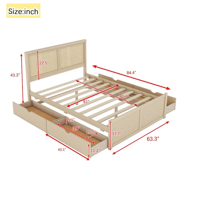 Antique Natural Queen Size Wood Storage Bed with 4 Drawers and Rattan Headboard
