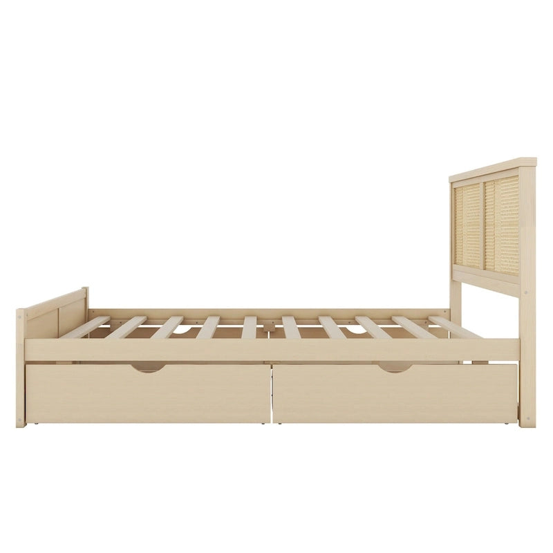 Antique Natural Queen Size Wood Storage Bed with 4 Drawers and Rattan Headboard