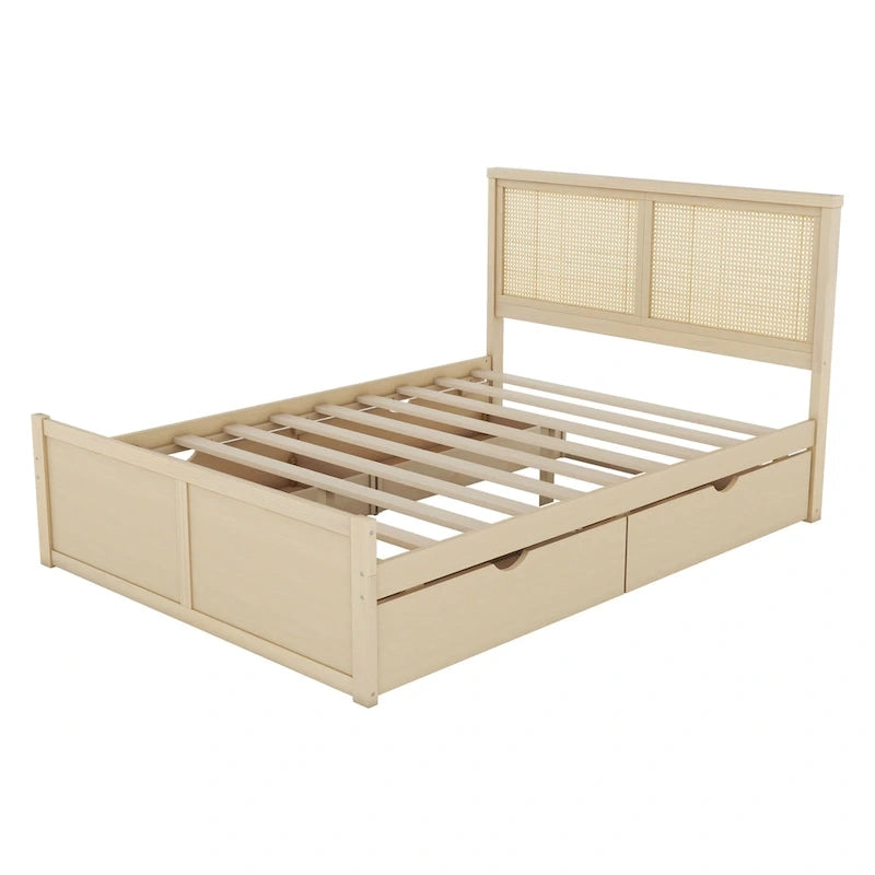 Antique Natural Queen Size Wood Storage Bed with 4 Drawers and Rattan Headboard