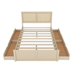 Antique Natural Queen Size Wood Storage Bed with 4 Drawers and Rattan Headboard