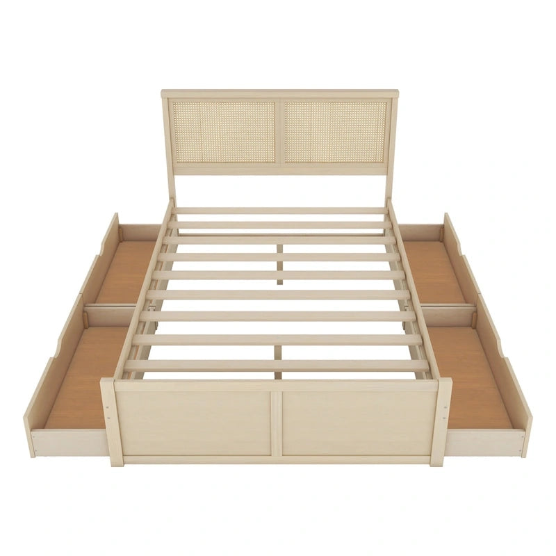 Antique Natural Queen Size Wood Storage Bed with 4 Drawers and Rattan Headboard