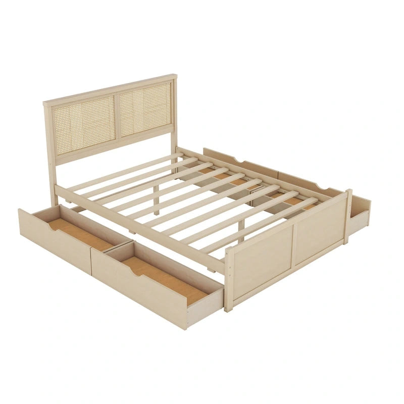Antique Natural Queen Size Wood Storage Bed with 4 Drawers and Rattan Headboard