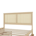Antique Natural Queen Size Wood Storage Bed with 4 Drawers and Rattan Headboard