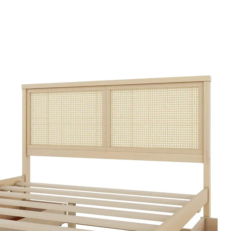 Antique Natural Queen Size Wood Storage Bed with 4 Drawers and Rattan Headboard