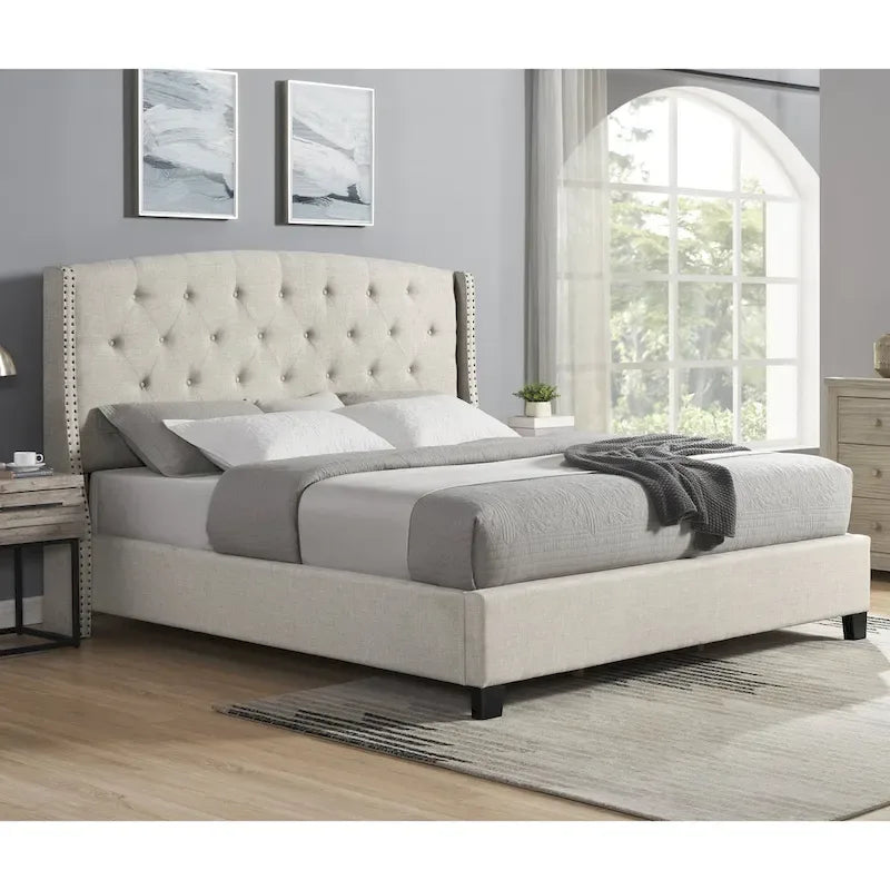 Beige Upholstered Polyester Platform Bed with Button Tufted Wingback