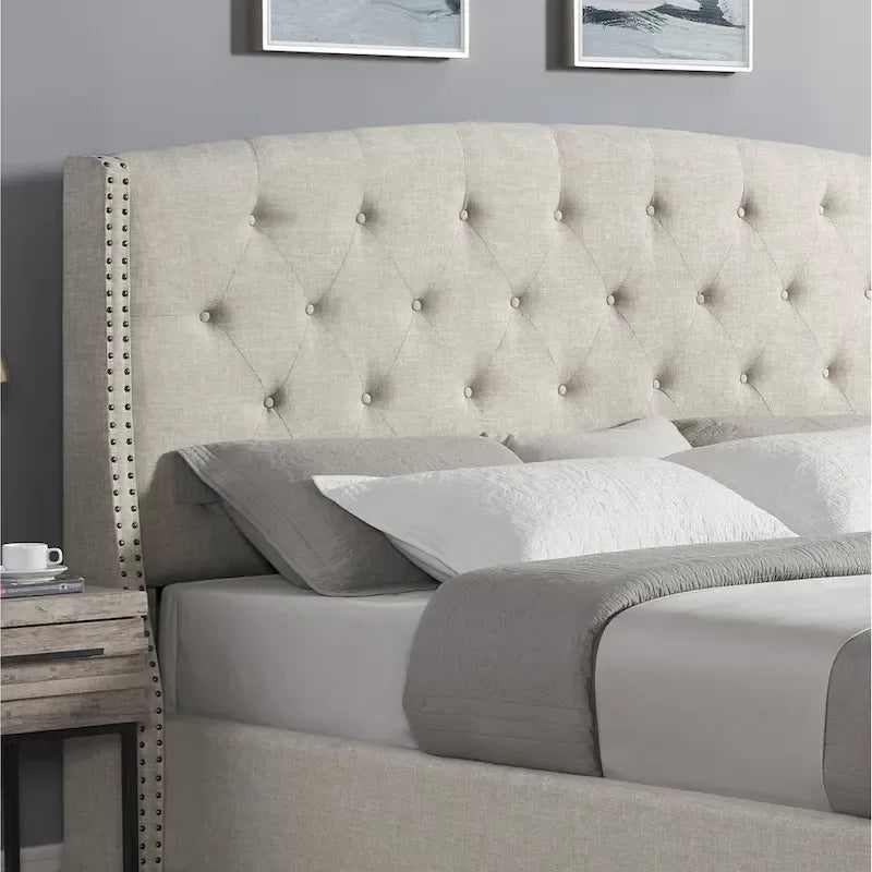 Beige Upholstered Polyester Platform Bed with Button Tufted Wingback