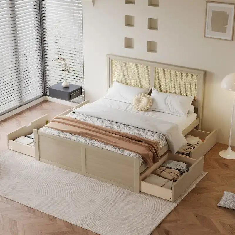 Antique Natural Full Size Wood Storage Platform Bed with 4 Drawers & Rattan Headboard