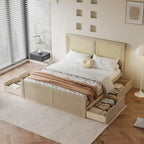 Antique Natural Full Size Wood Storage Platform Bed with 4 Drawers & Rattan Headboard