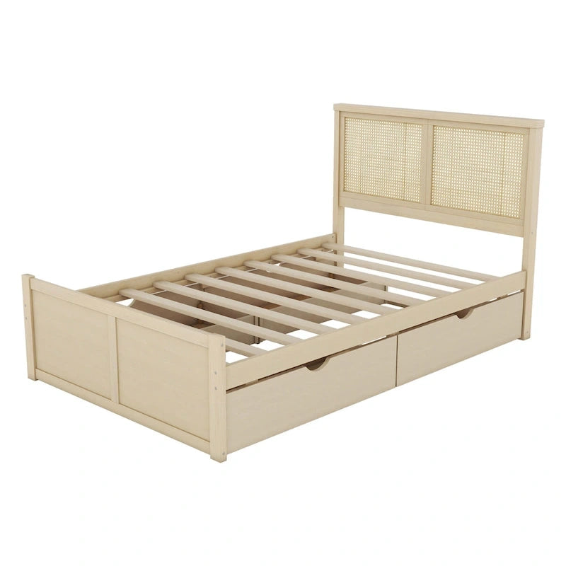 Antique Natural Full Size Wood Storage Platform Bed with 4 Drawers & Rattan Headboard